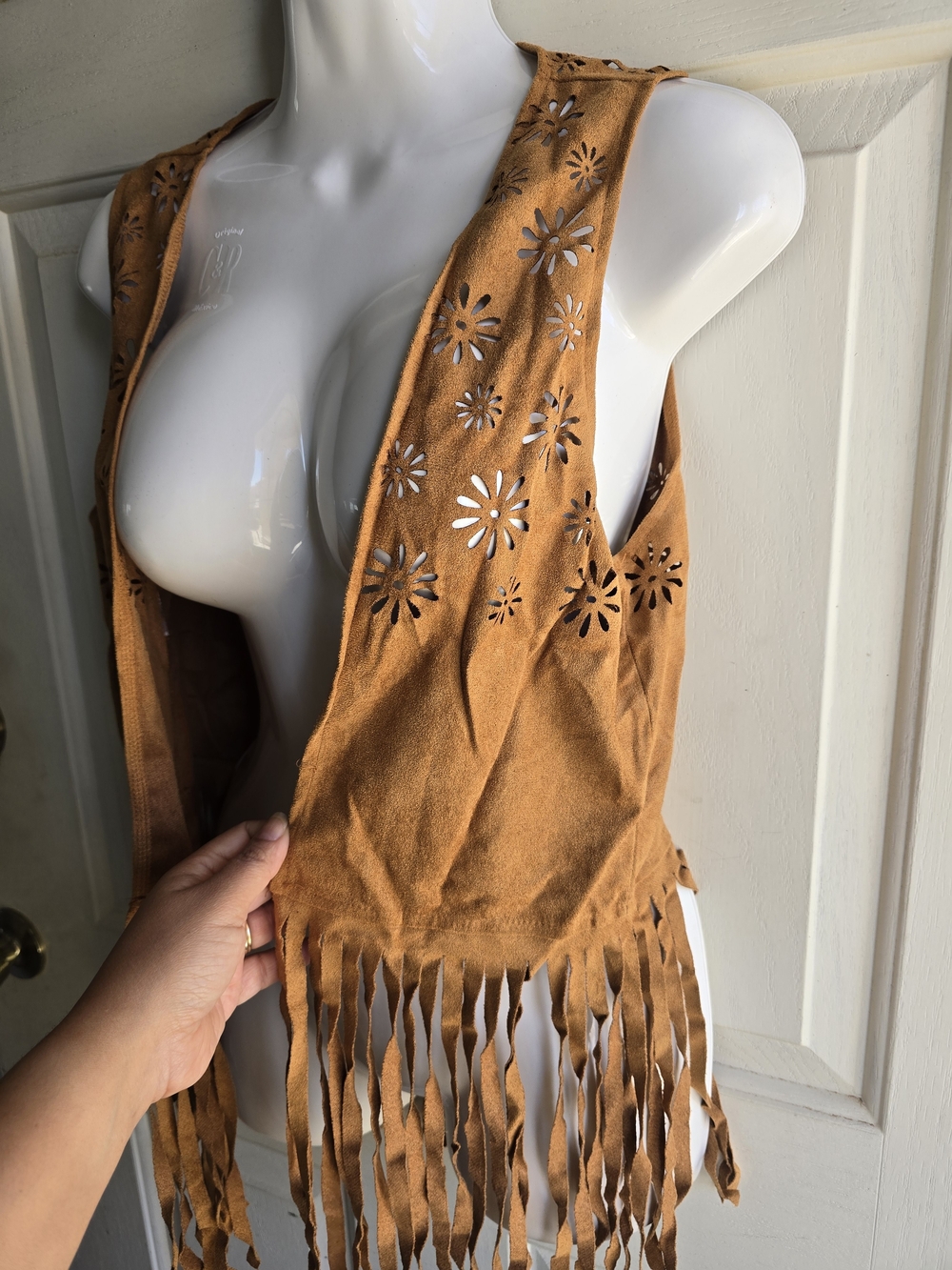 Spirit Tan Suede Fringe Vest with Laser-Cut Floral Detail